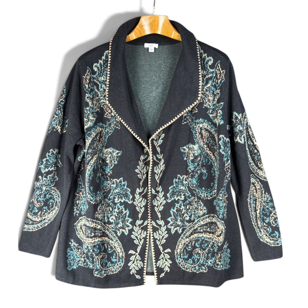 J. Jill Cardigan Womens L Charcoal Teal Paisley Jacquard Open Front Grandma Chic